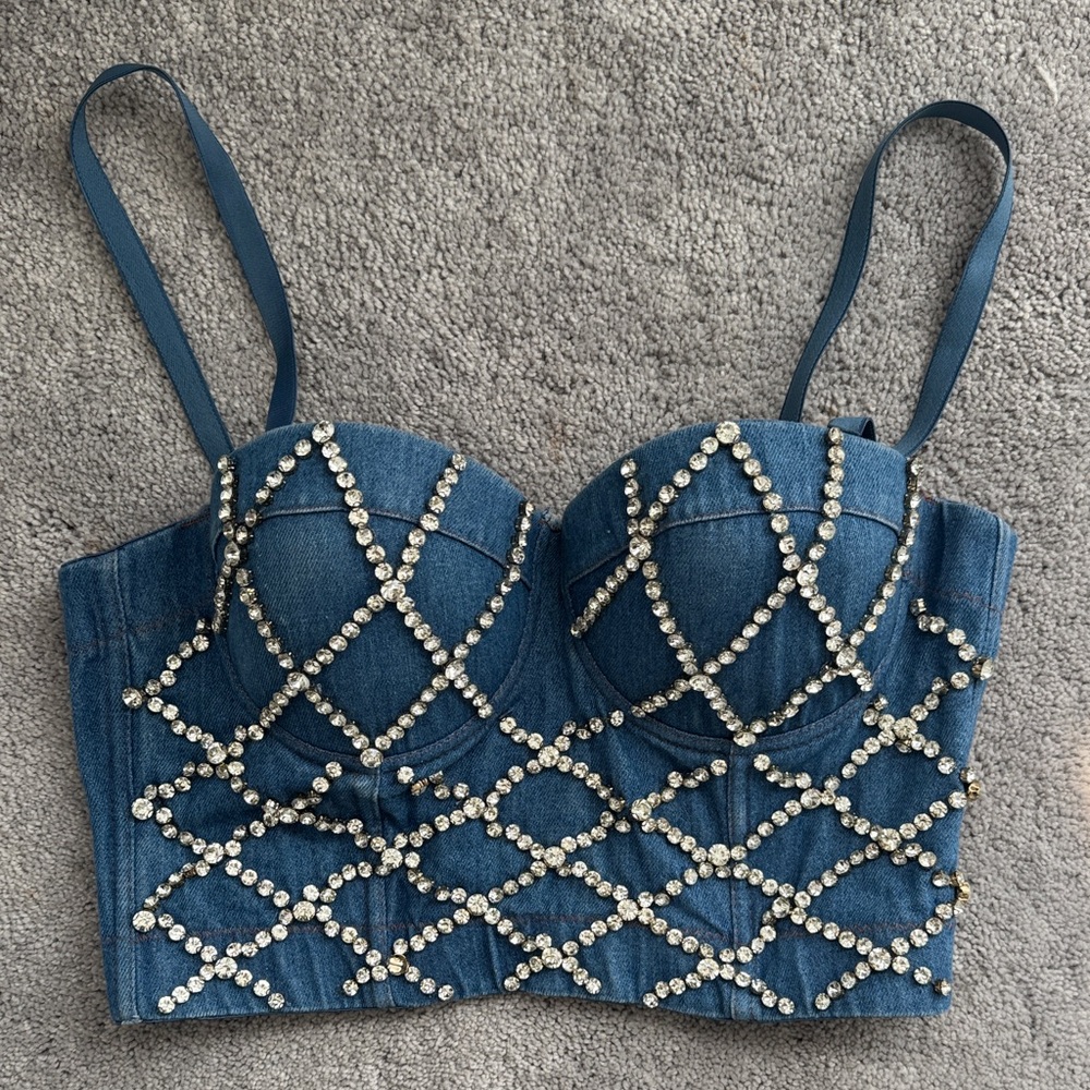 Embellished Denim Bustier Top